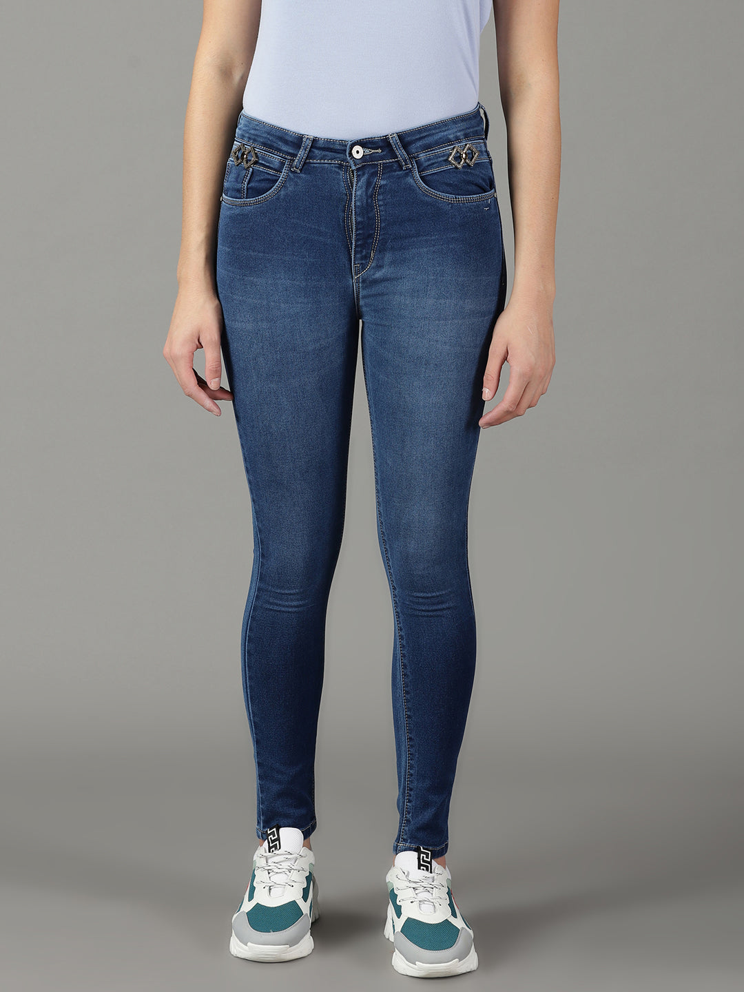 Women's Navy Blue Slim Fit Light Fade Stretchable Jeans