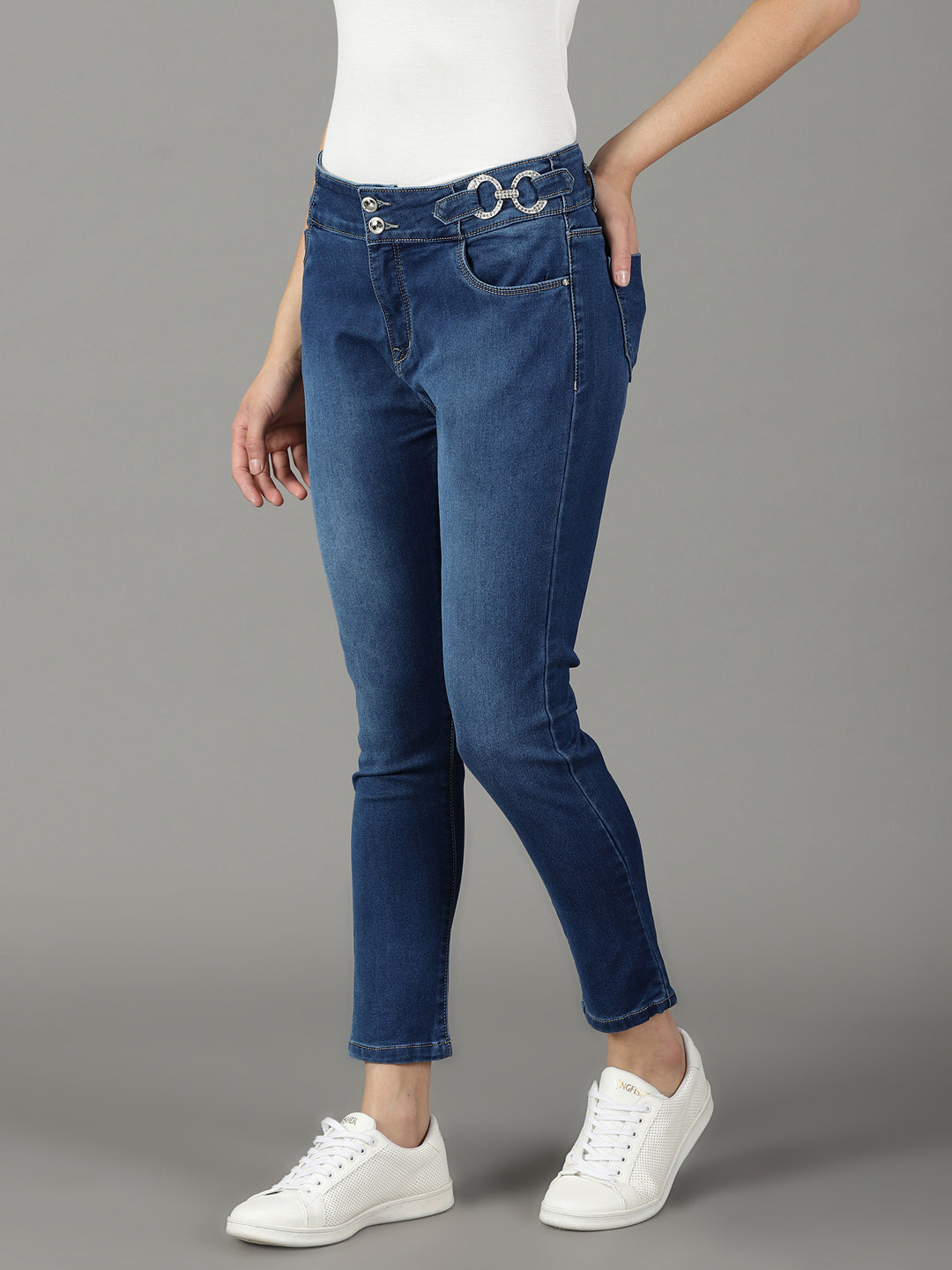 Women's Navy Blue Slim Fit Mid-Rise Light Fade Stretchable Jeans