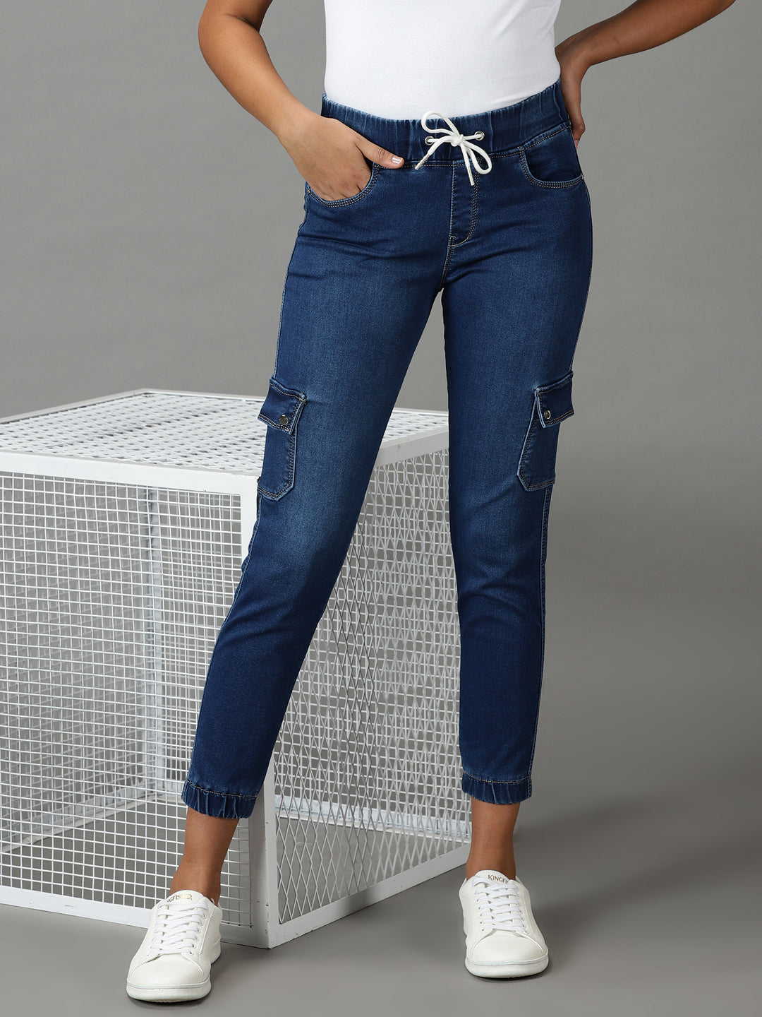 Women's Navy Blue Jogger High-Rise Light Fade Stretchable Cotton Jeans