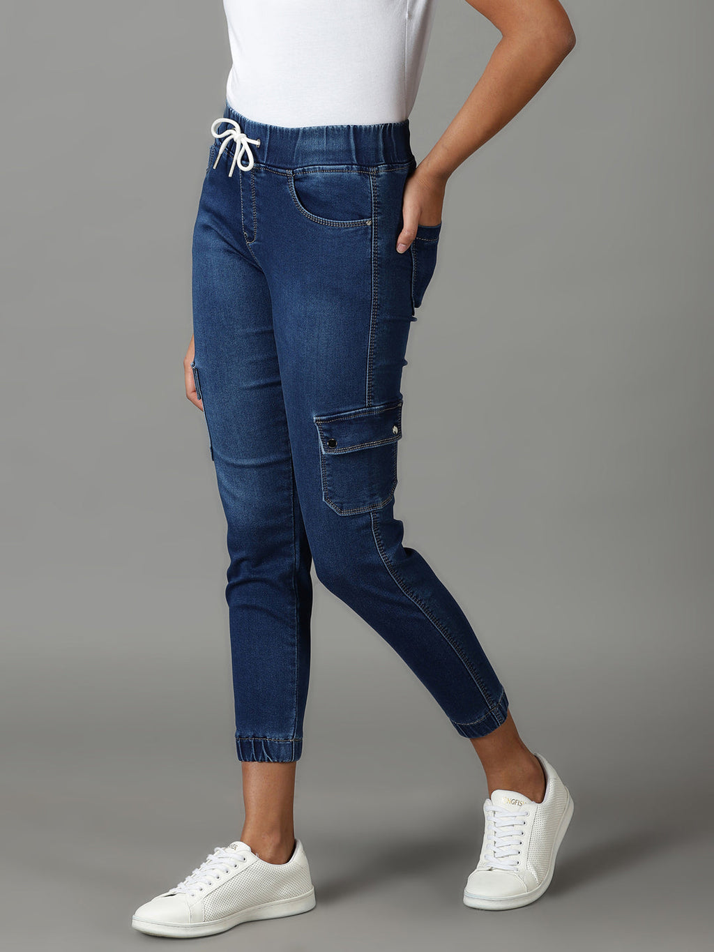 Women's Navy Blue Jogger High-Rise Light Fade Stretchable Cotton Jeans