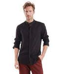 Rare Rabbit Men's Crinkle-25 Black Plain Regular Fit Full Sleeve Mandarin Collar Shirt