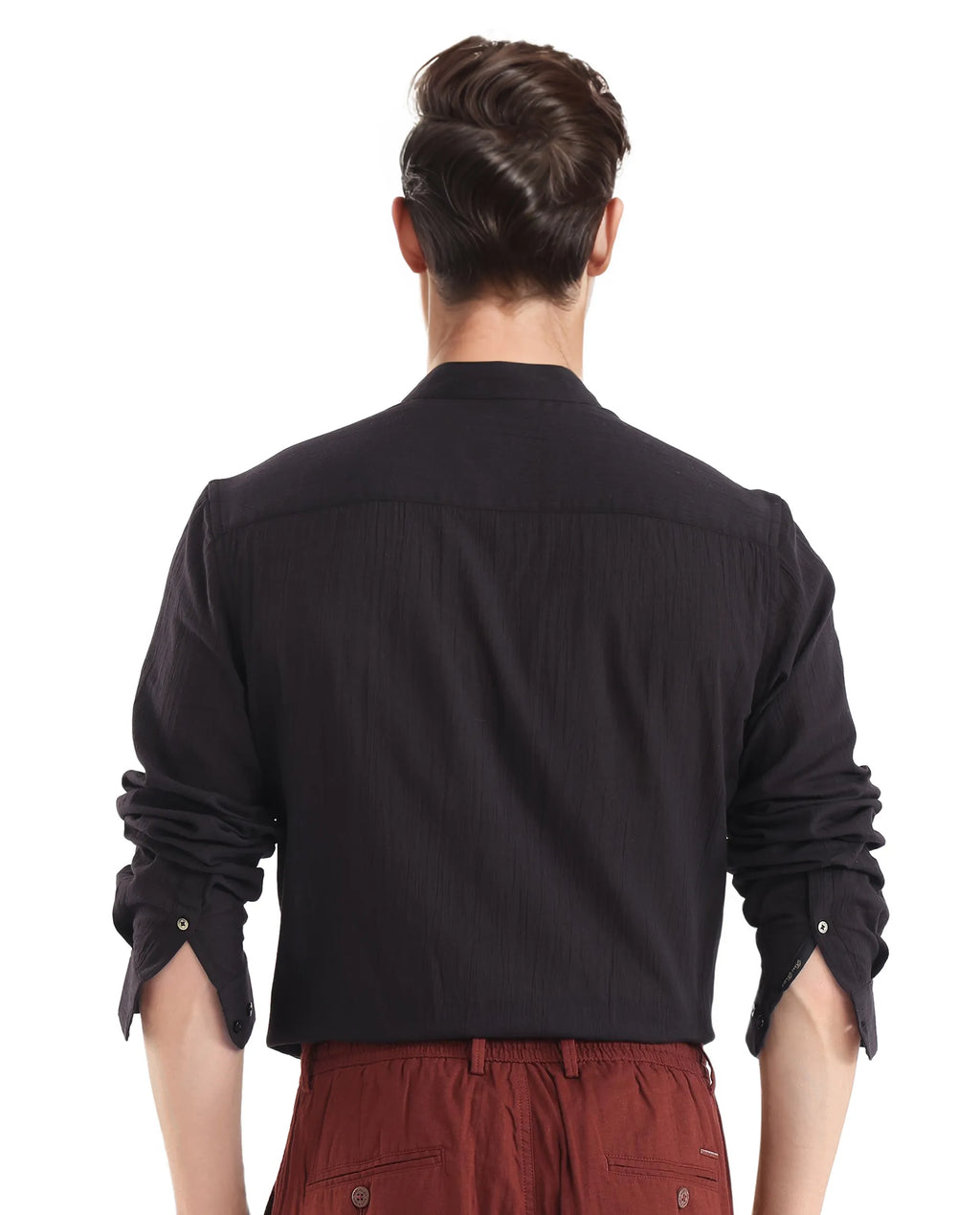 Rare Rabbit Men's Crinkle-25 Black Plain Regular Fit Full Sleeve Mandarin Collar Shirt