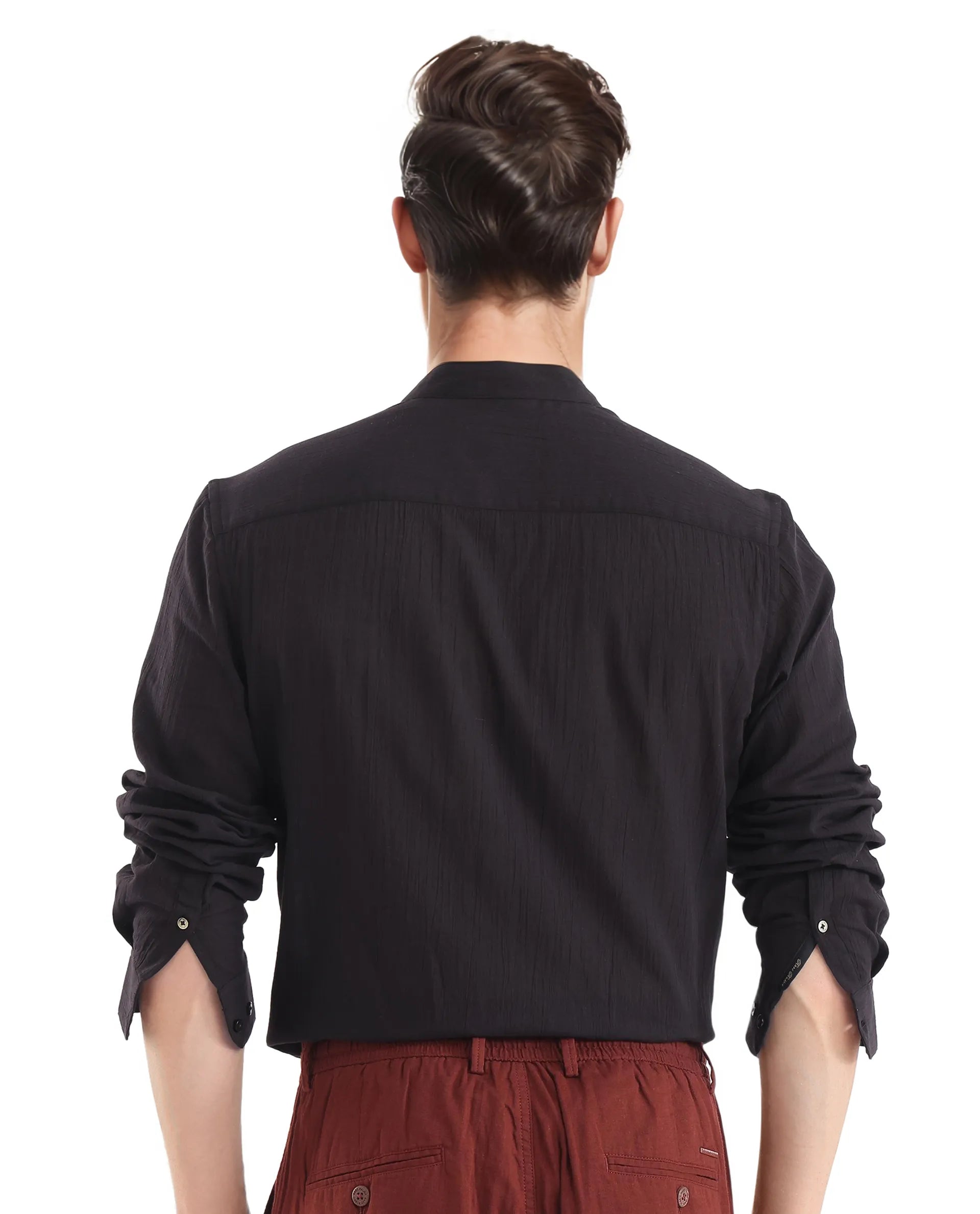 Rare Rabbit Men's Crinkle-25 Black Plain Regular Fit Full Sleeve Mandarin Collar Shirt