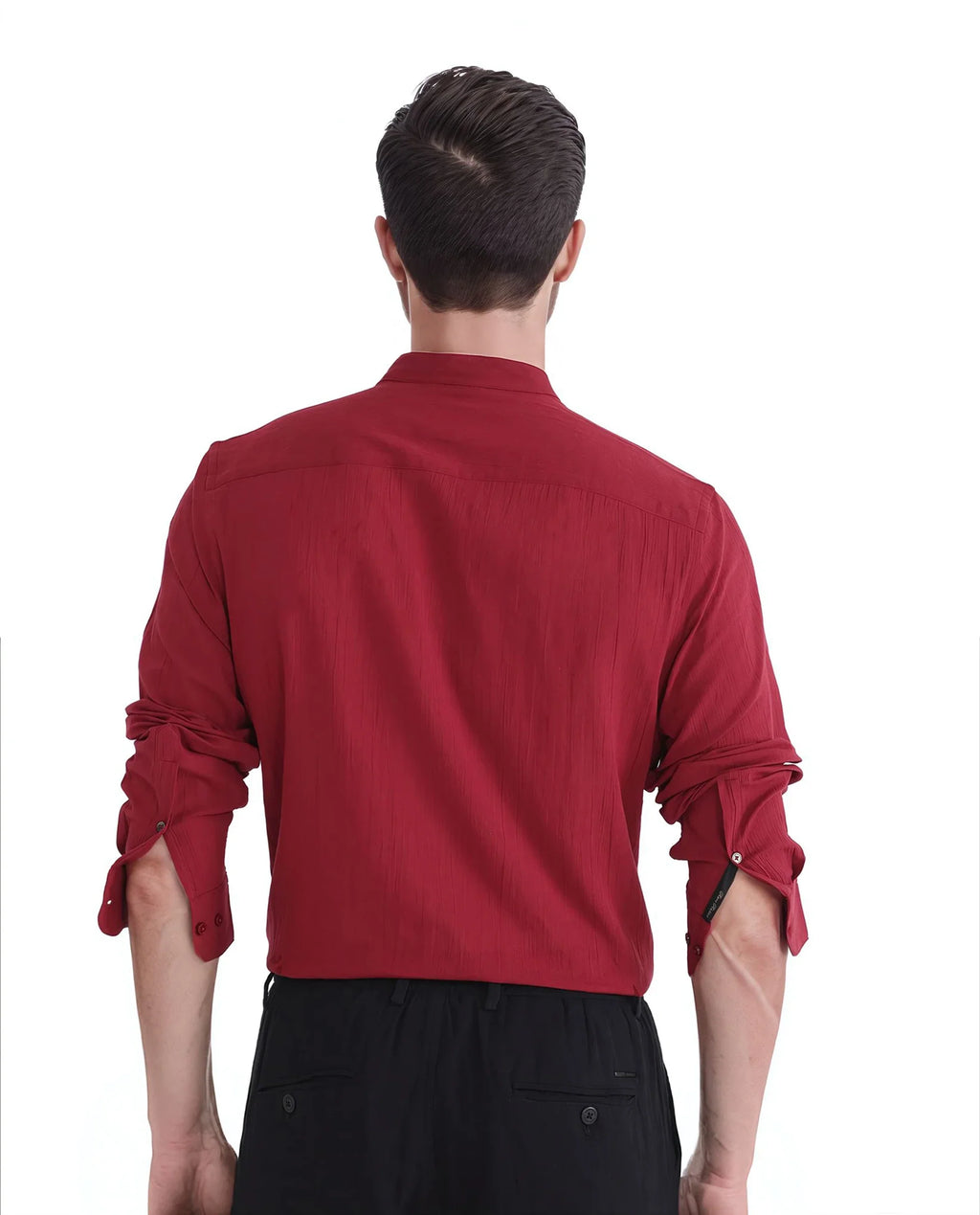 Rare Rabbit Men's Crinkle-25 Red Plain Regular Fit Full Sleeve Mandarin Collar Shirt