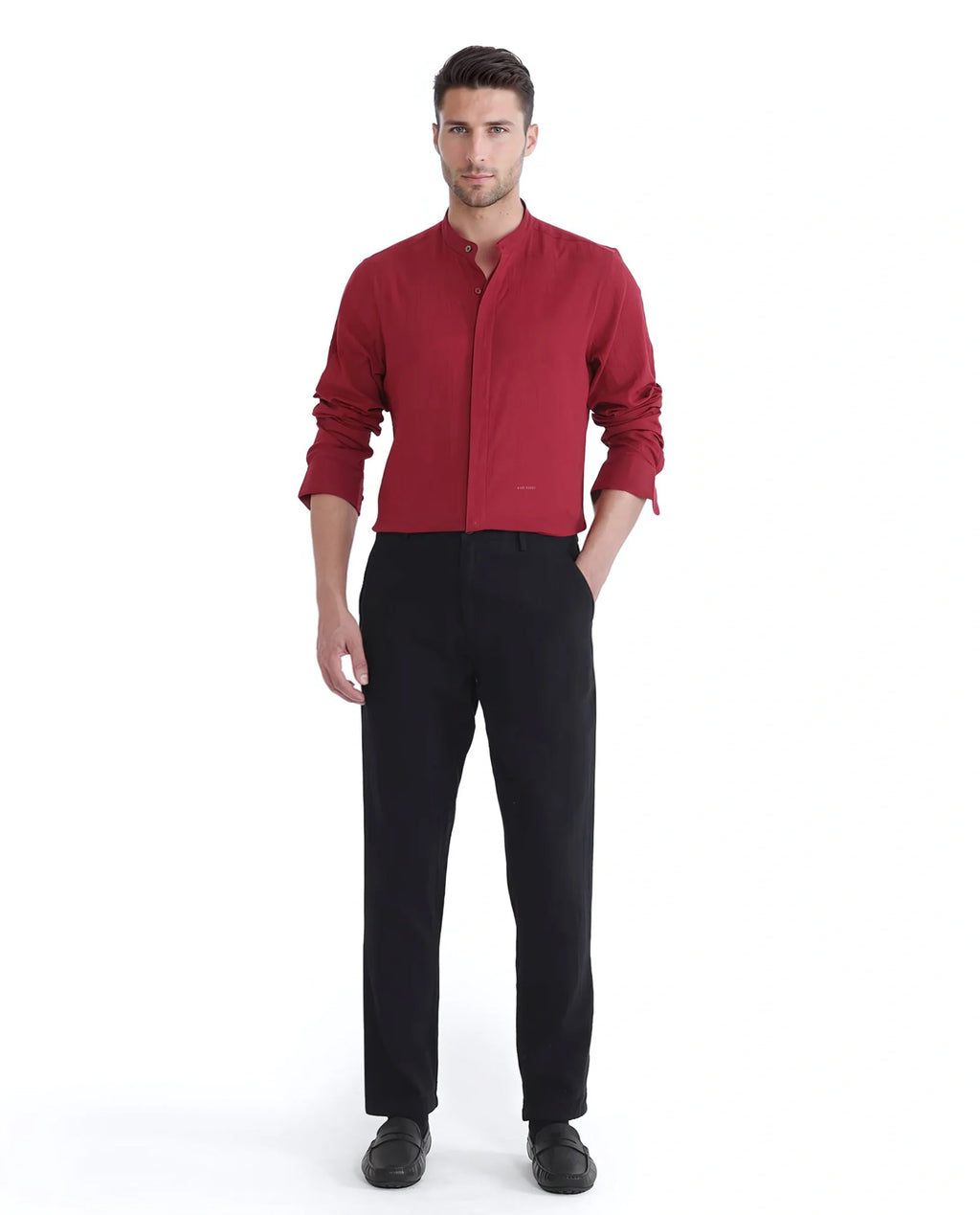 Rare Rabbit Men's Crinkle-25 Red Plain Regular Fit Full Sleeve Mandarin Collar Shirt