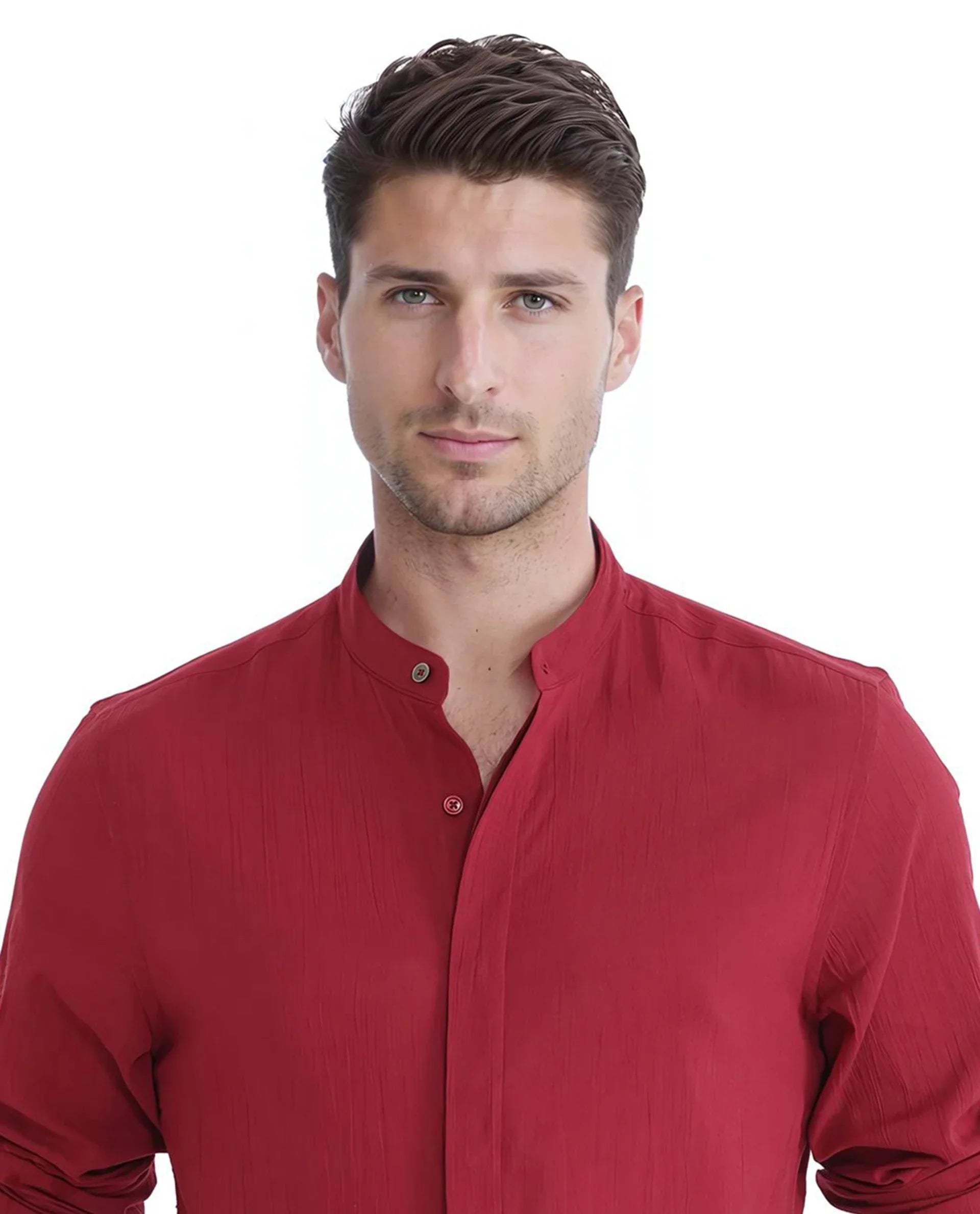Rare Rabbit Men's Crinkle-25 Red Plain Regular Fit Full Sleeve Mandarin Collar Shirt