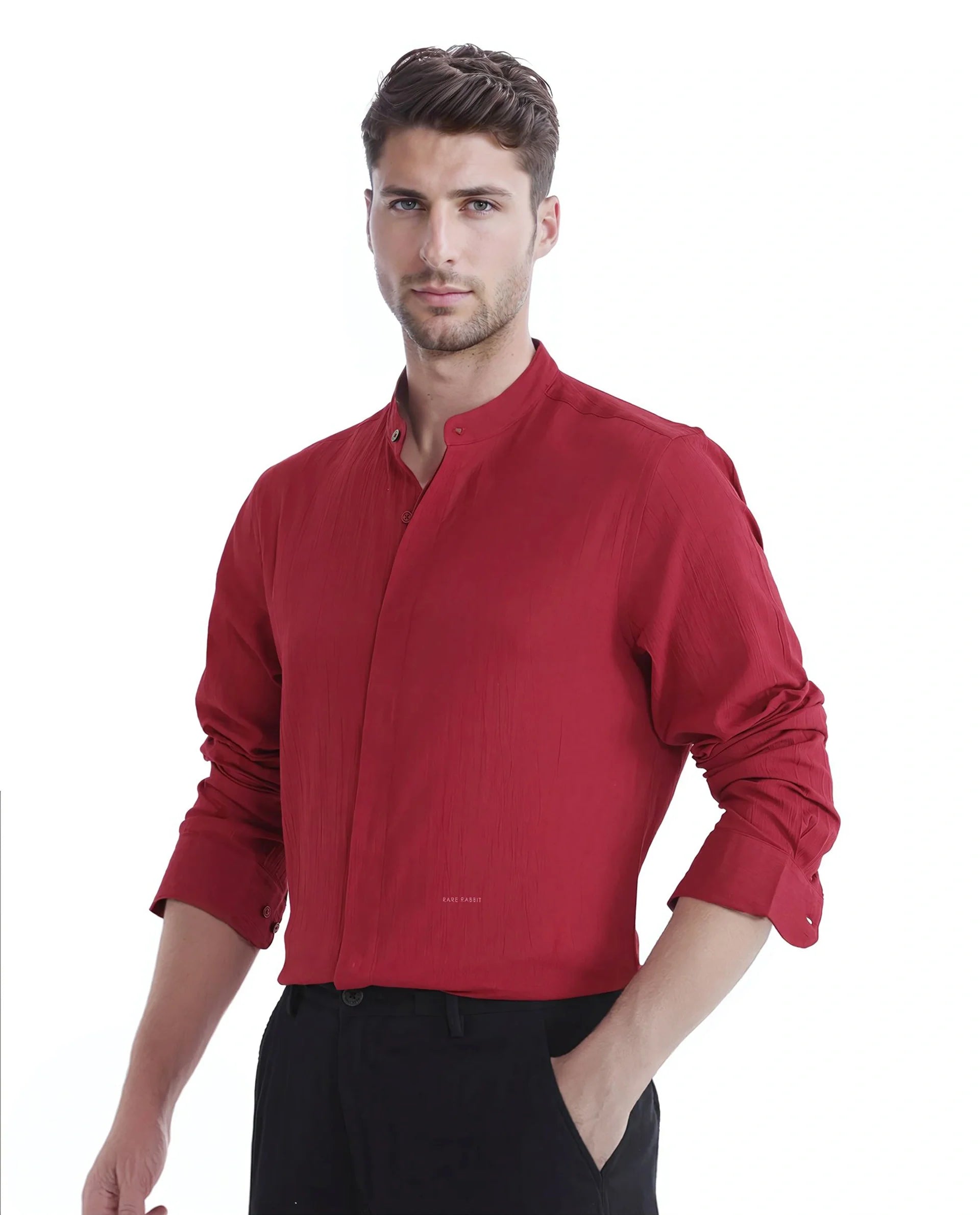 Rare Rabbit Men's Crinkle-25 Red Plain Regular Fit Full Sleeve Mandarin Collar Shirt