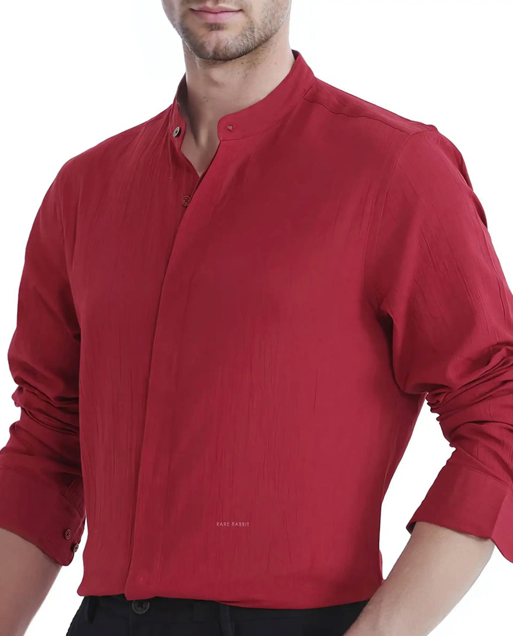 Rare Rabbit Men's Crinkle-25 Red Plain Regular Fit Full Sleeve Mandarin Collar Shirt