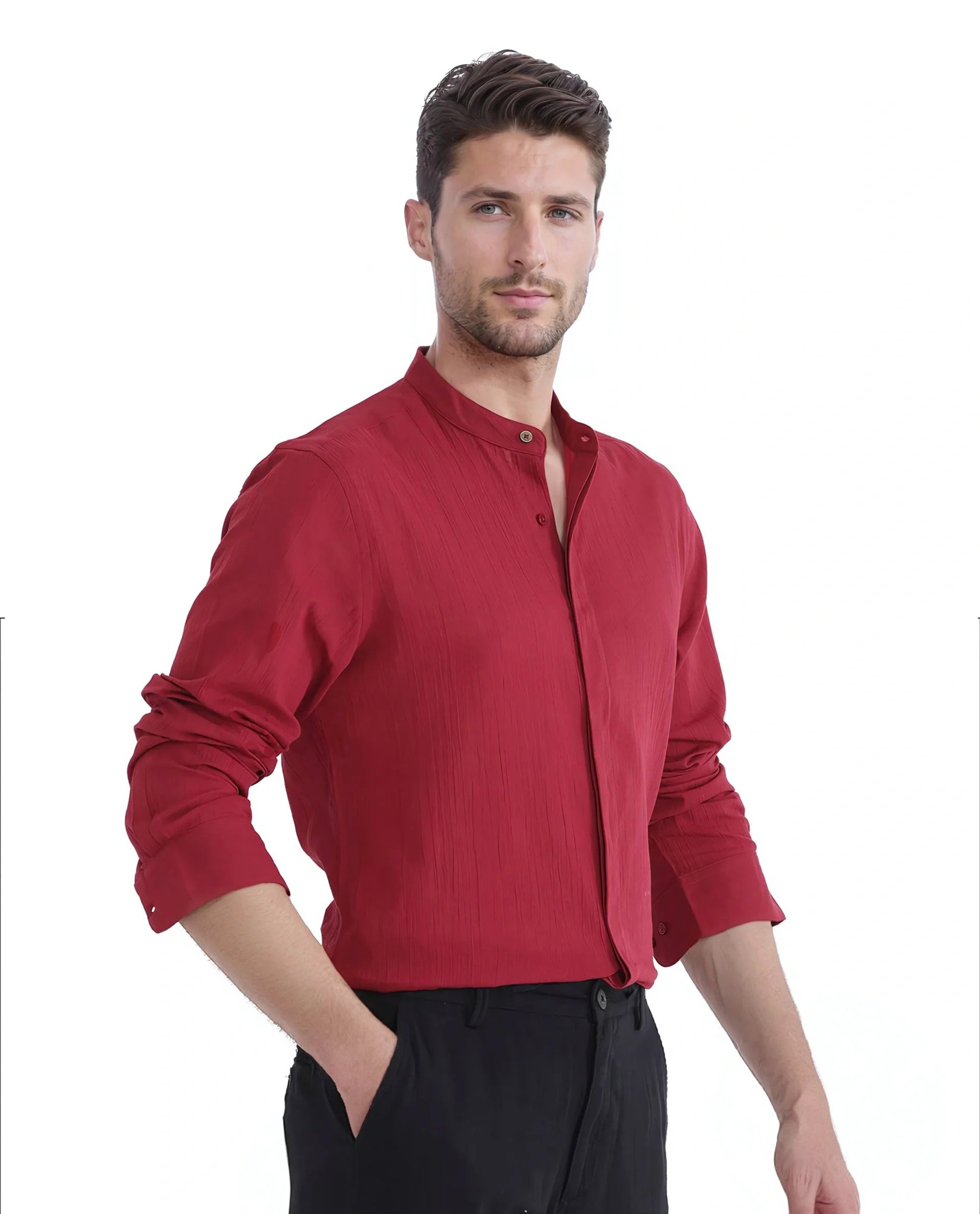Rare Rabbit Men's Crinkle-25 Red Plain Regular Fit Full Sleeve Mandarin Collar Shirt