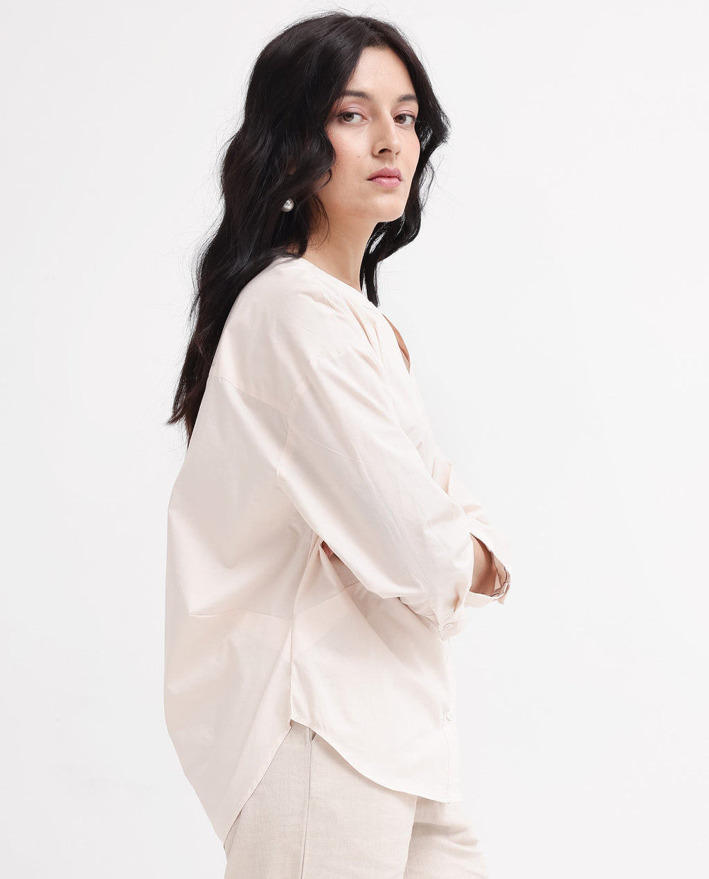 Rareism Women's Cuba-T Light Beige Cotton Mandarin Collar Plain Regular Fit Shirt