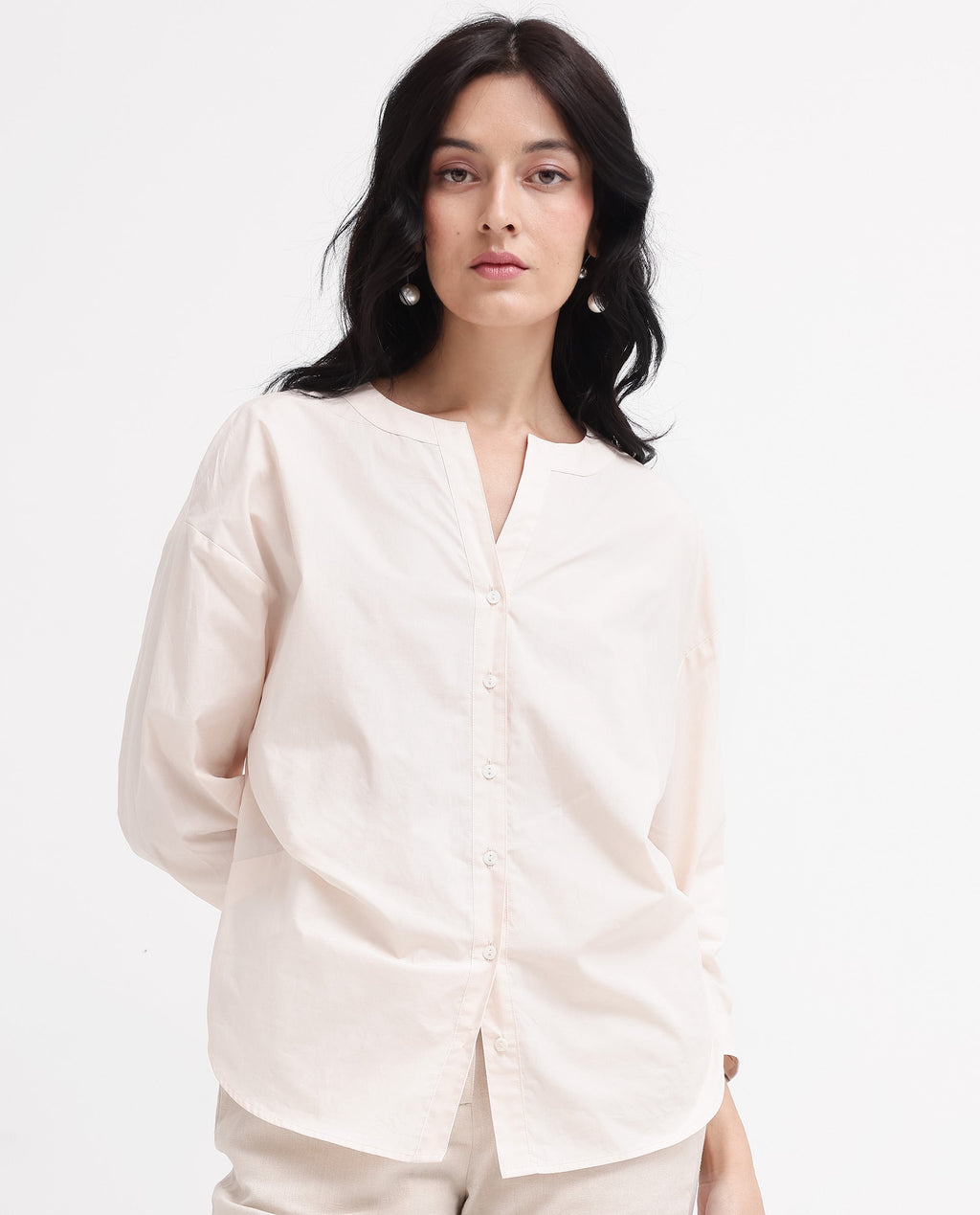 Rareism Women's Cuba-T Light Beige Cotton Mandarin Collar Plain Regular Fit Shirt