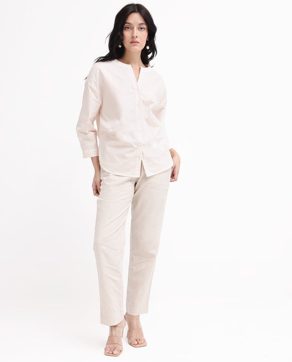 Rareism Women's Cuba-T Light Beige Cotton Mandarin Collar Plain Regular Fit Shirt