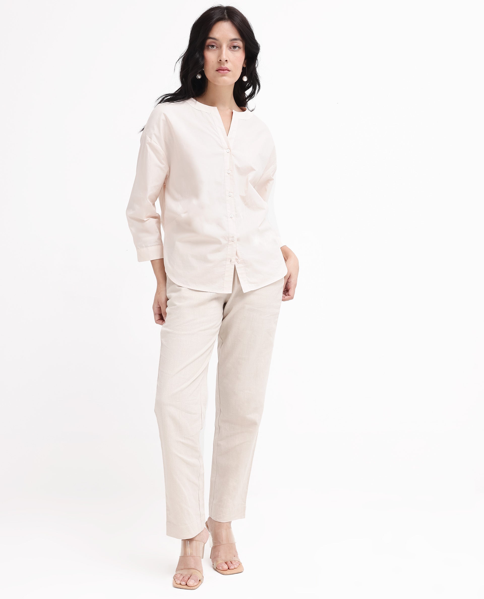Rareism Women's Cuba-T Light Beige Cotton Mandarin Collar Plain Regular Fit Shirt