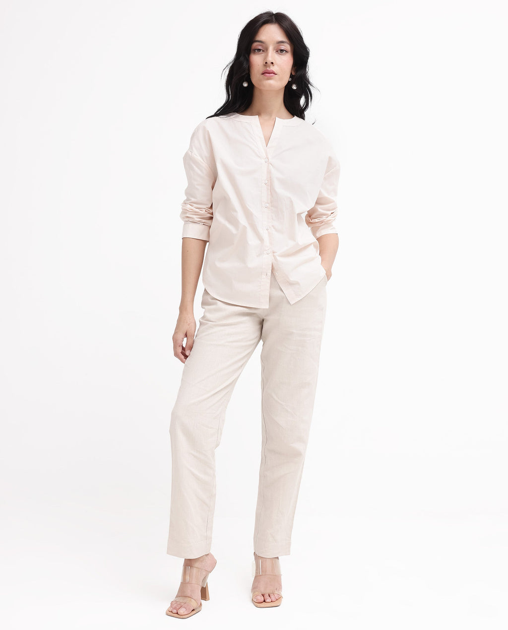 Rareism Women's Cuba-T Light Beige Cotton Mandarin Collar Plain Regular Fit Shirt