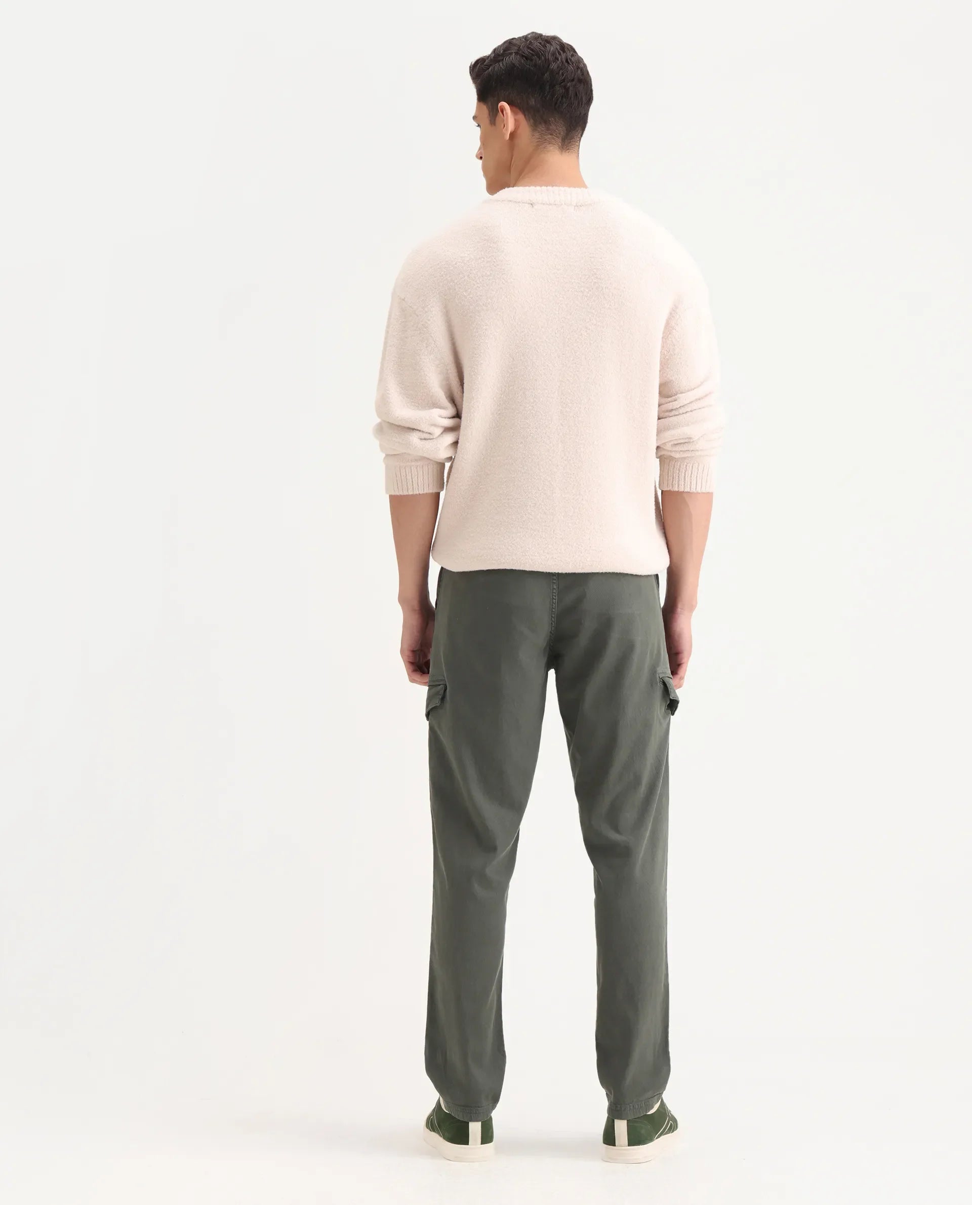 Rare Rabbit Men's Curex Dusky Olive Cotton Blend Plain Regular Fit Trouser