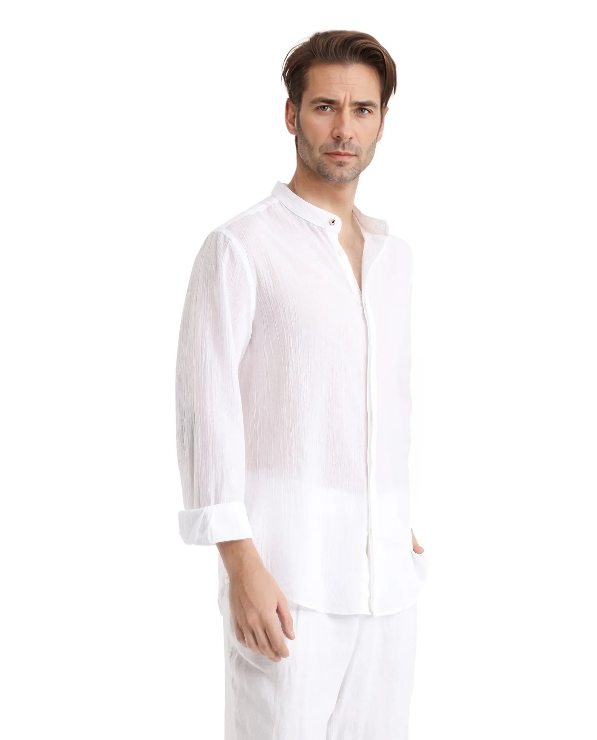 Rare Rabbit Men's Crinkle-25 White Plain Regular Fit Full Sleeve Mandarin Collar Shirt