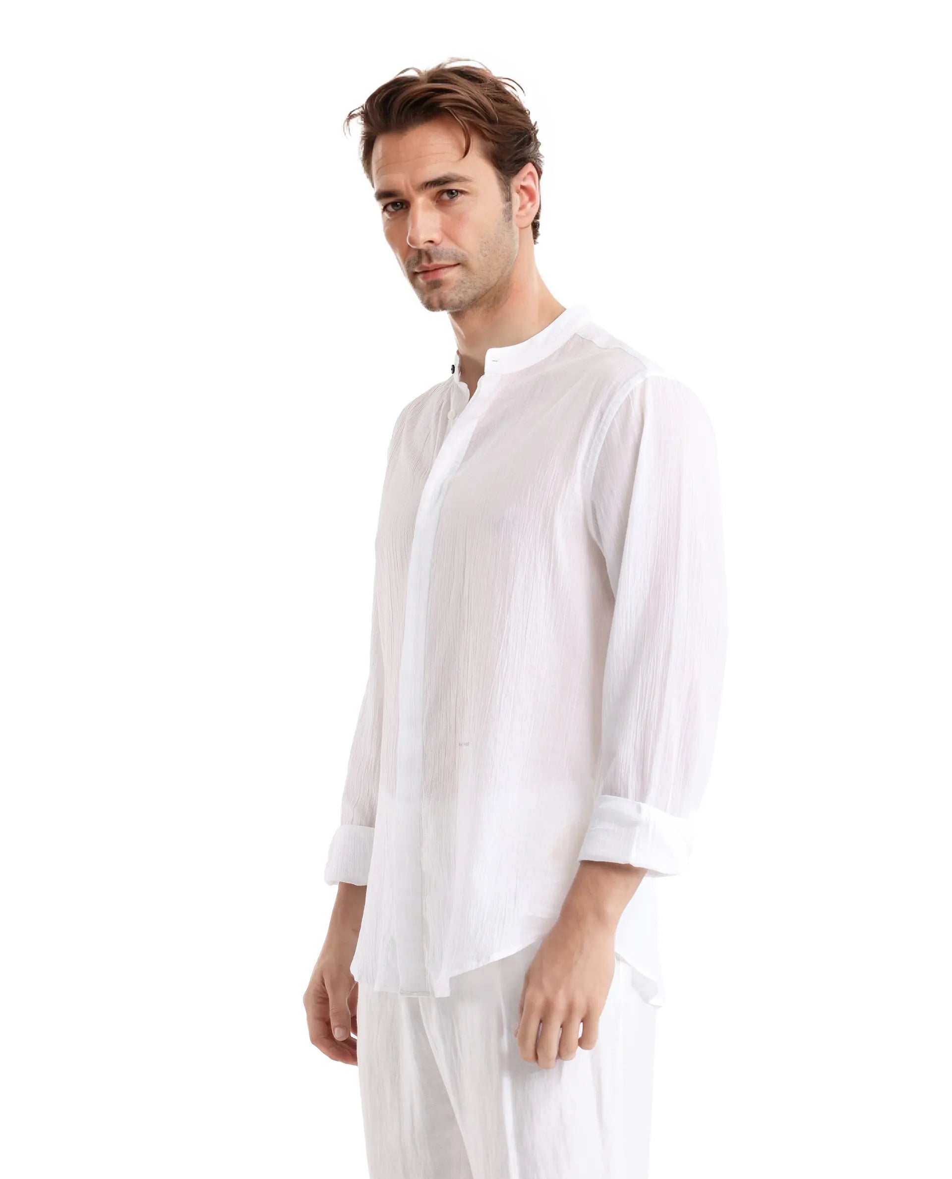 Rare Rabbit Men's Crinkle-25 White Plain Regular Fit Full Sleeve Mandarin Collar Shirt