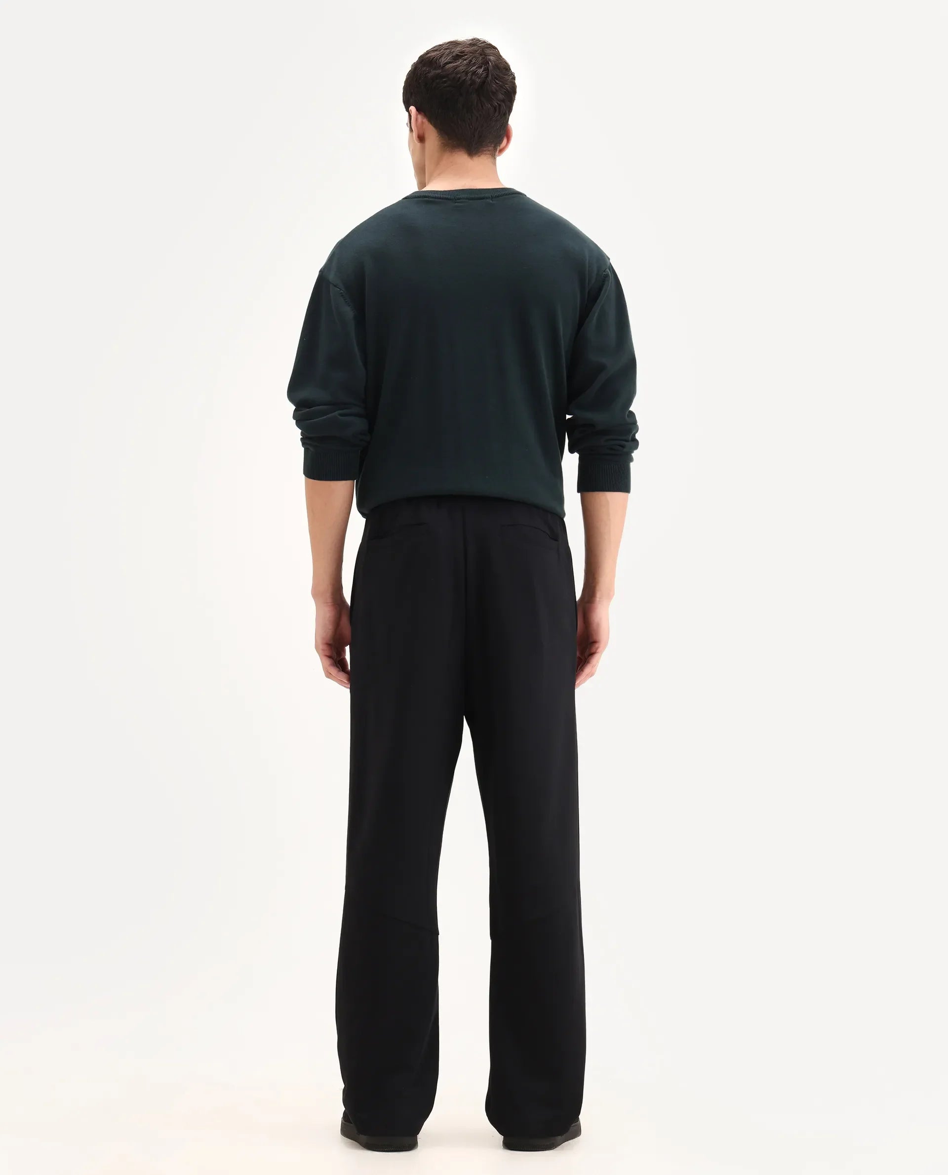 Rare Rabbit Men's Dalton Black Cotton Blend Plain Baggy Fit Trouser