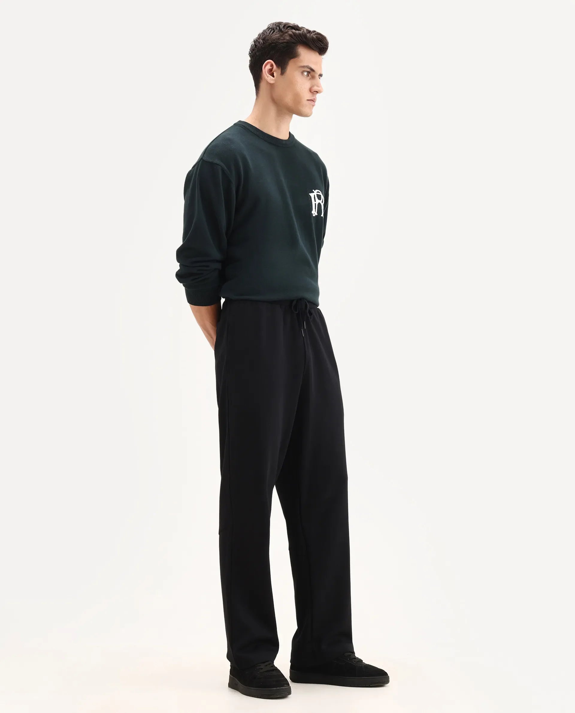 Rare Rabbit Men's Dalton Black Cotton Blend Plain Baggy Fit Trouser