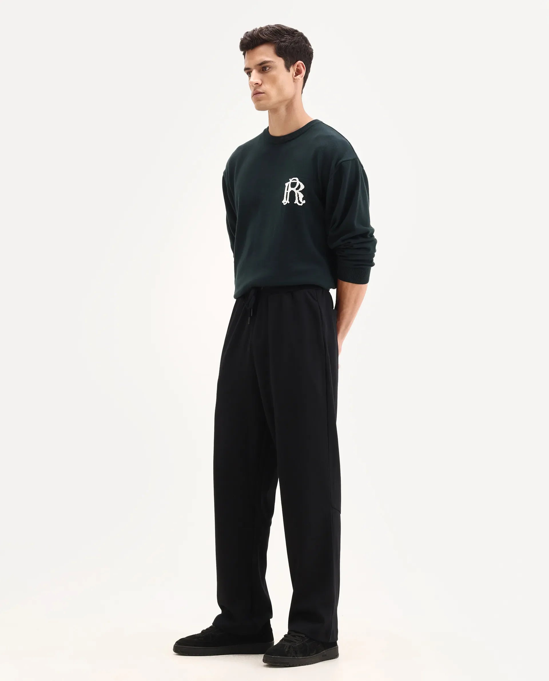 Rare Rabbit Men's Dalton Black Cotton Blend Plain Baggy Fit Trouser