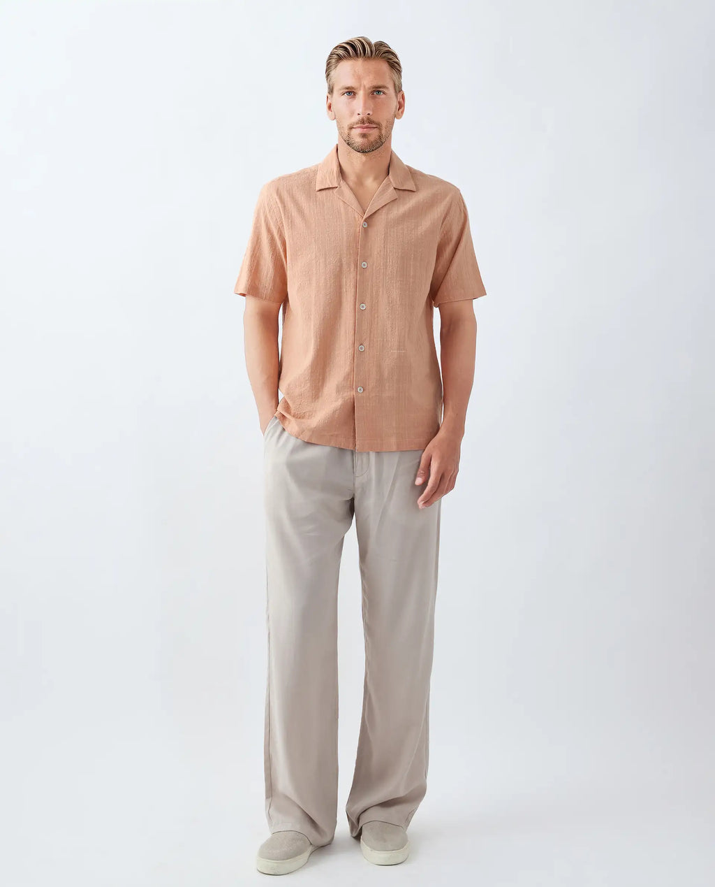 Rare Rabbit Men's Dara Dusky Peach Cotton Checked Print Boxy Fit Half Sleeve Cuban Collar Shirt