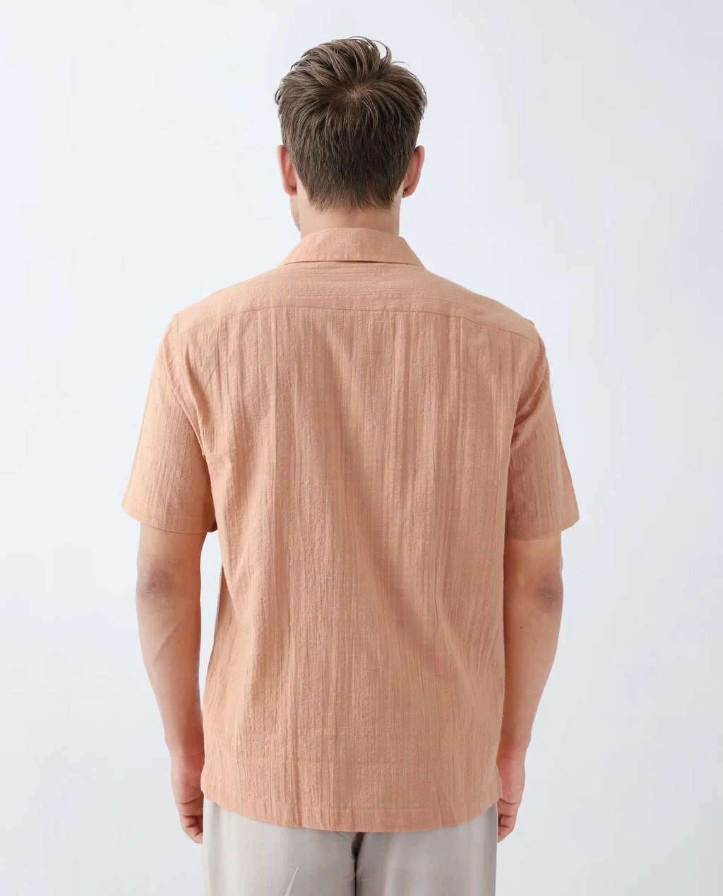 Rare Rabbit Men's Dara Dusky Peach Cotton Checked Print Boxy Fit Half Sleeve Cuban Collar Shirt
