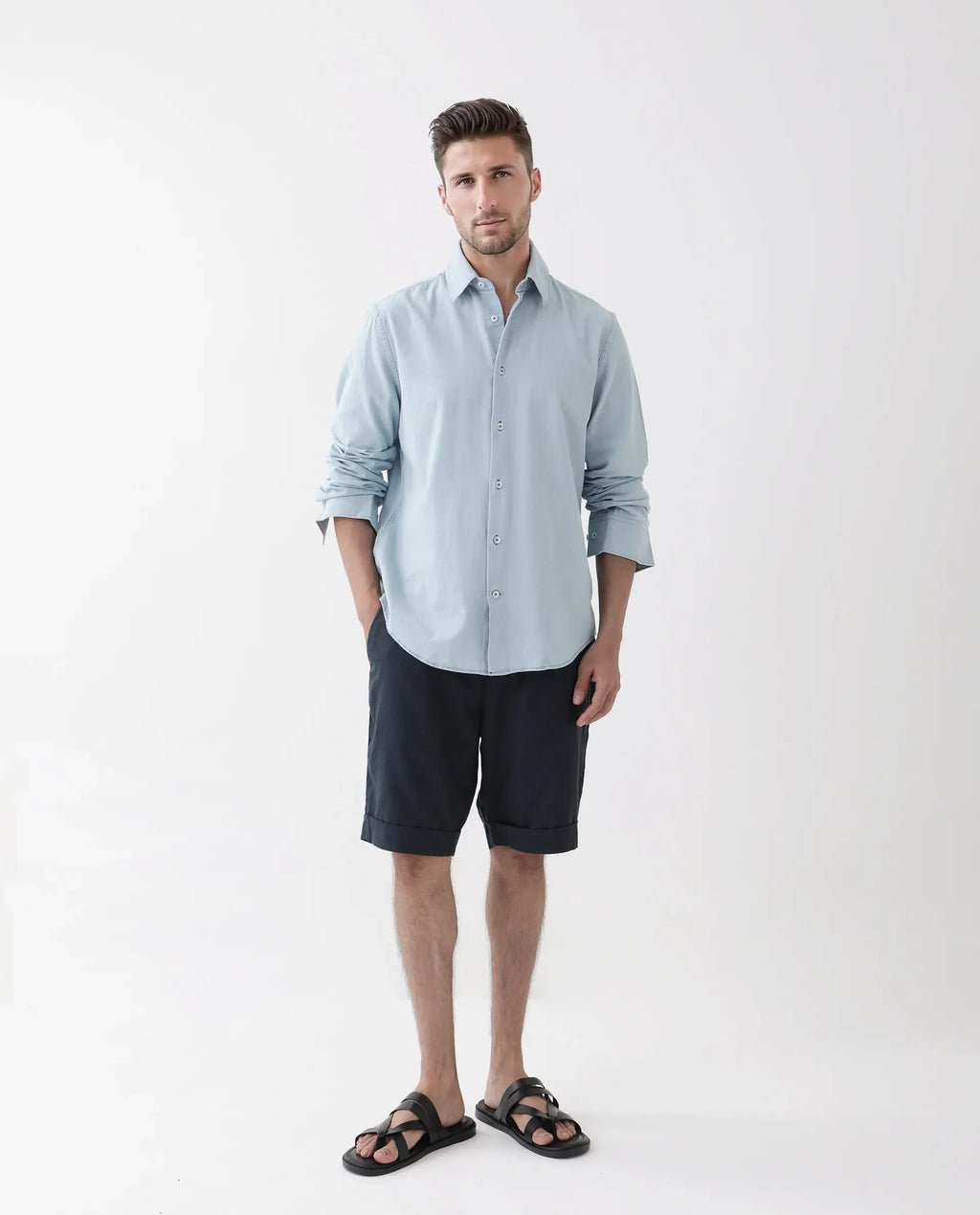 Rare Rabbit Men's Derry Blue Cotton Plain Regular Fit Full Sleeve Collared Shirt