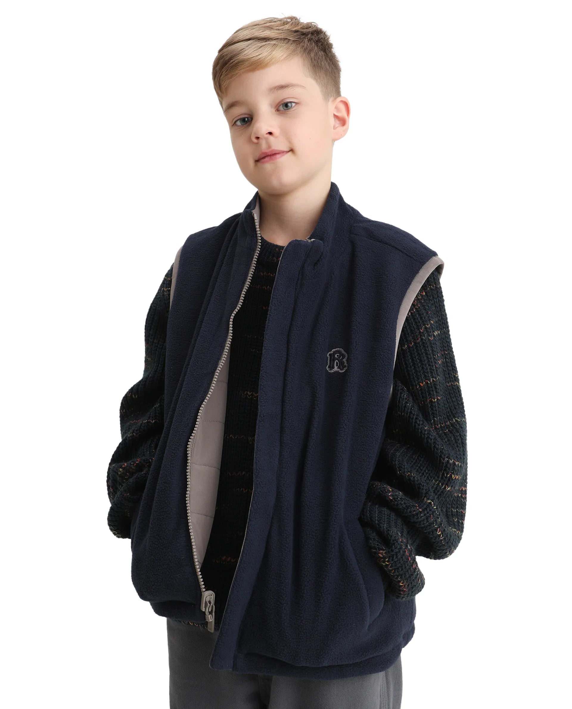Rare Ones Kids Derry-K Metallic Grey Polyester Zipper Closure High Neck Plain Full Sleeves Regular Fit Jacket