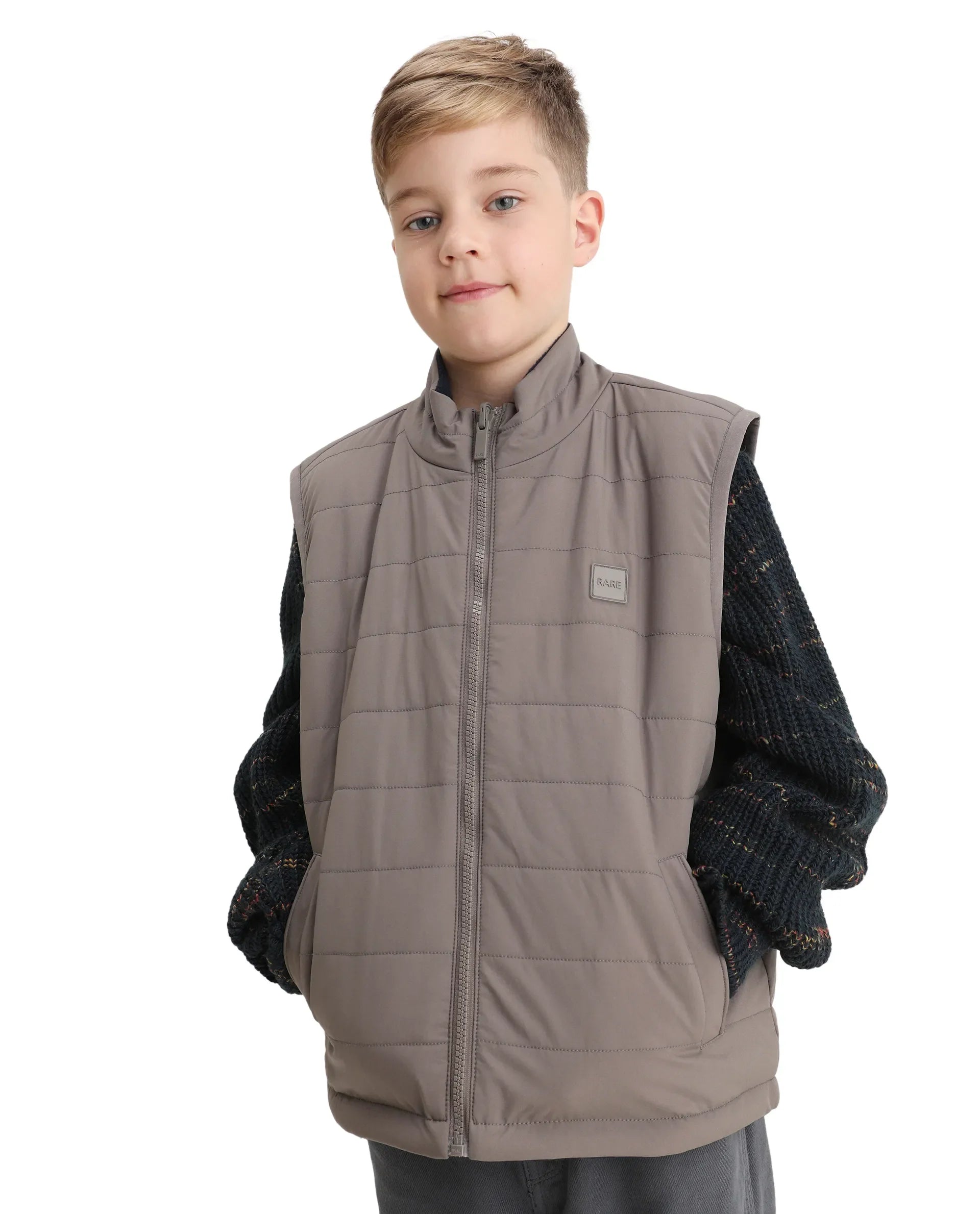 Rare Ones Kids Derry-K Metallic Grey Polyester Zipper Closure High Neck Plain Full Sleeves Regular Fit Jacket