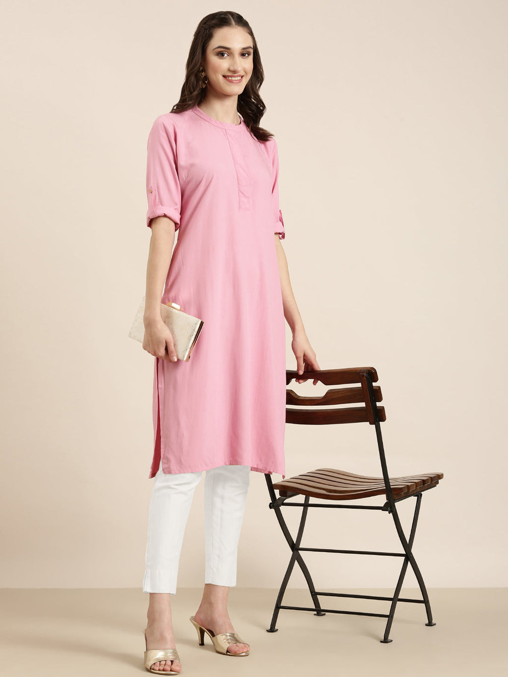 Women's Pink Mandarin Collar A-Line Kurta