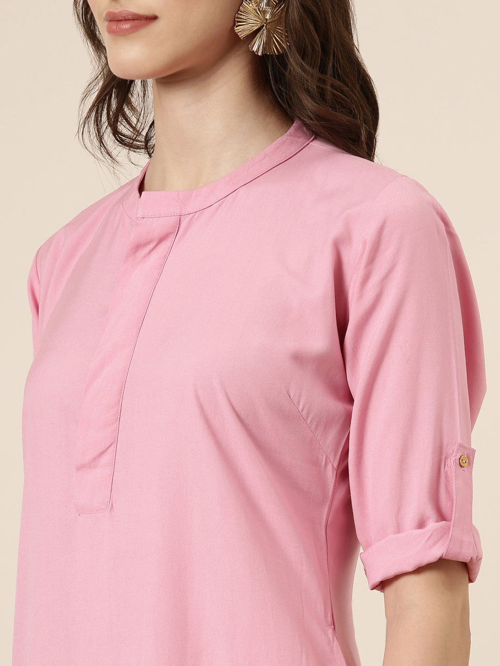 Women's Pink Mandarin Collar A-Line Kurta