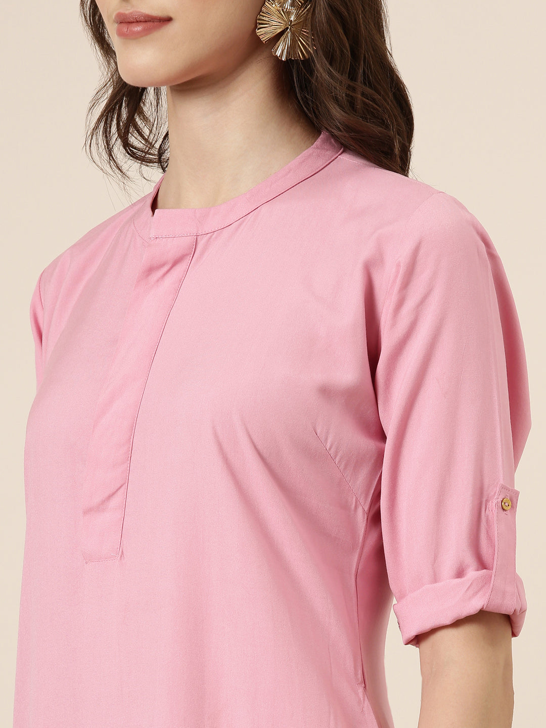Women's Pink Mandarin Collar A-Line Kurta