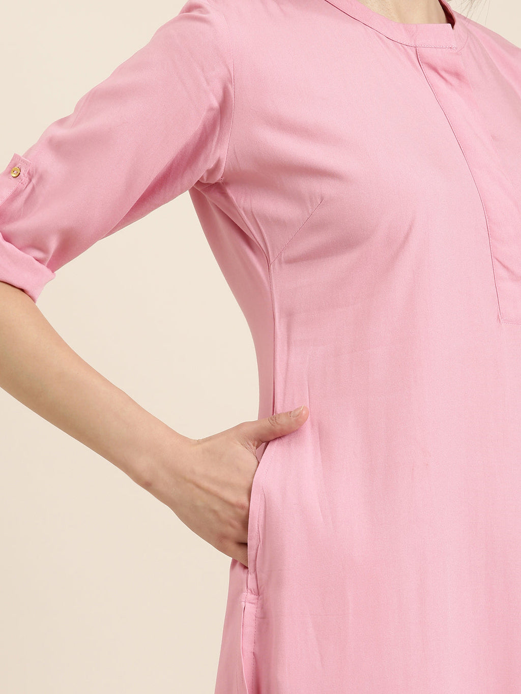 Women's Pink Mandarin Collar A-Line Kurta
