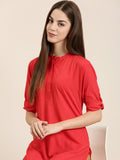 Women's Red Mandarin Collar Roll-Up Sleeves Kurta