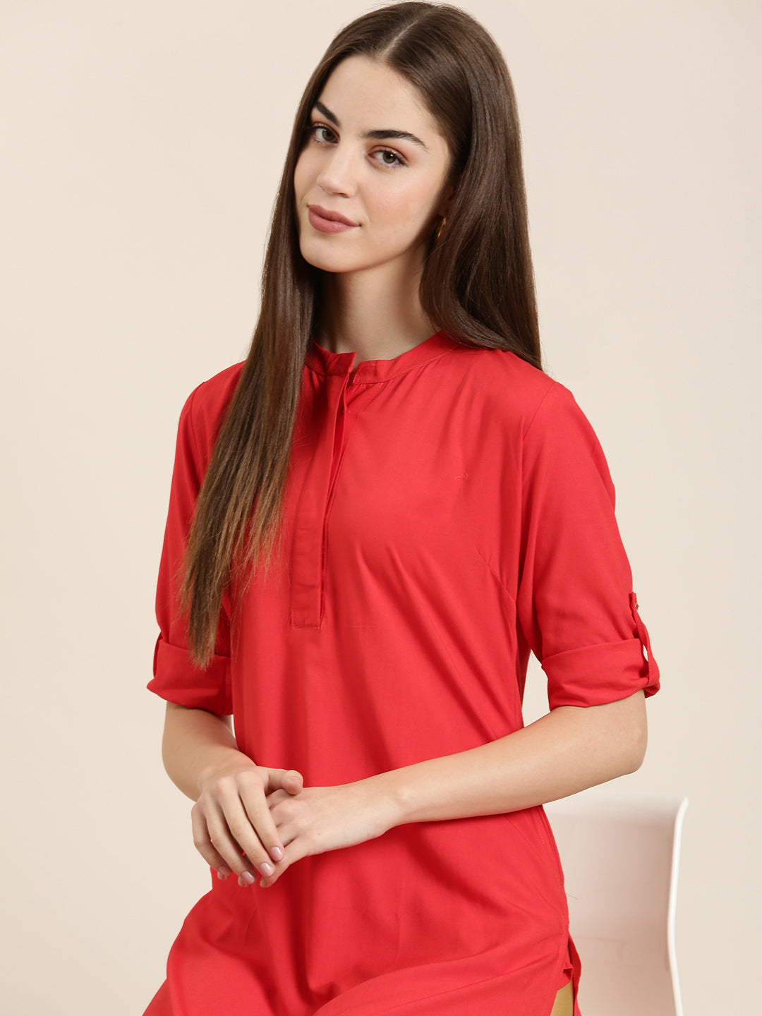 Women's Red Mandarin Collar Roll-Up Sleeves Kurta