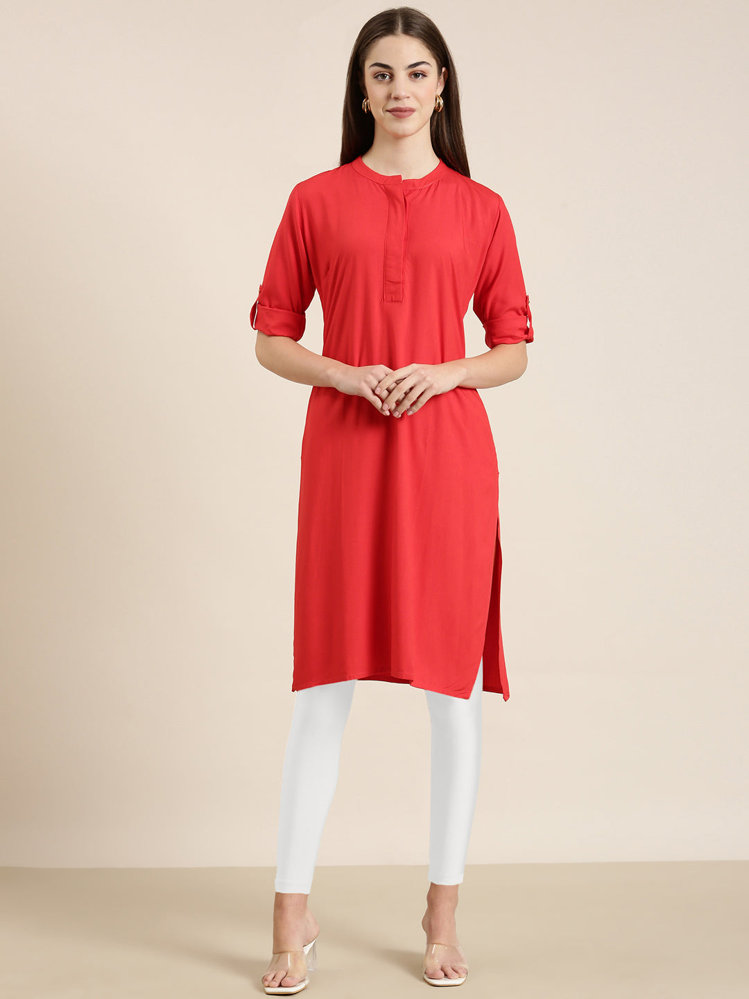 Women's Red Mandarin Collar Roll-Up Sleeves Kurta