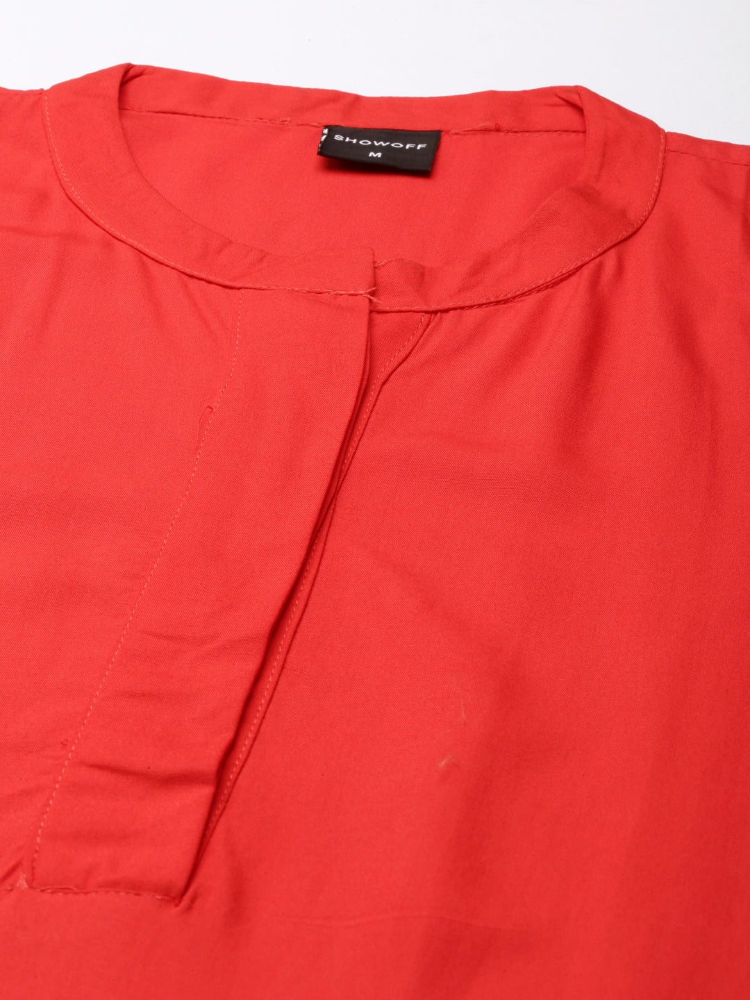 Women's Red Mandarin Collar Roll-Up Sleeves Kurta