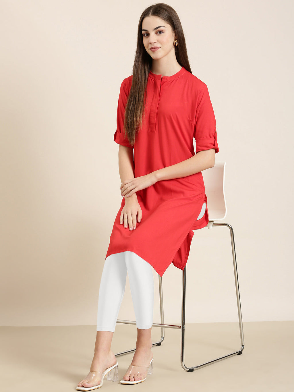 Women's Red Mandarin Collar Roll-Up Sleeves Kurta