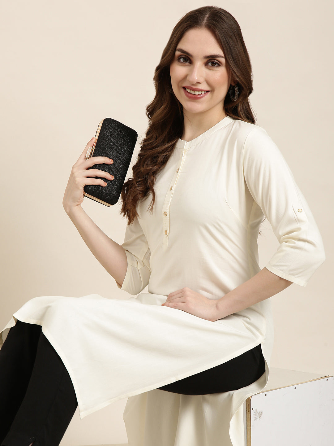 Women's Straight Cream Solid Kurta