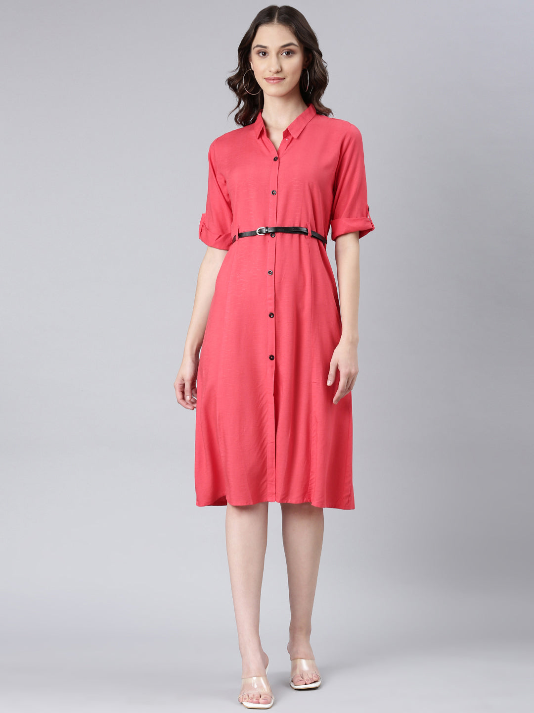 Women's Peach Shirt Collar Roll-Up Sleeves Shirt Midi Dress With Belted