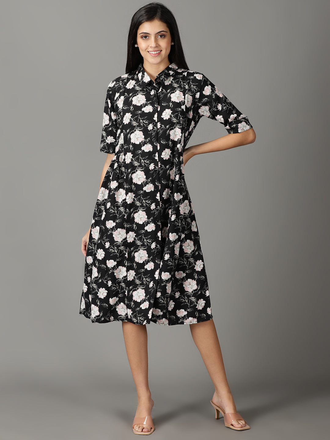 Women's Black Shirt Collar Floral Printed Fit & Flare Crepe Dress
