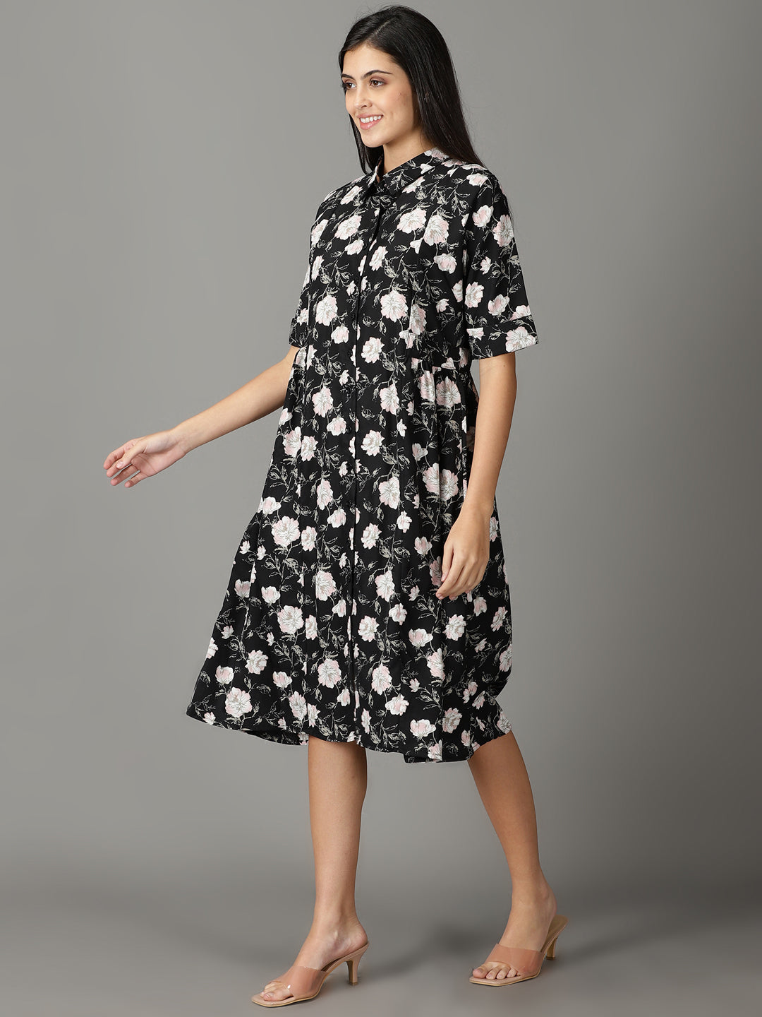 Women's Black Shirt Collar Floral Printed Fit & Flare Crepe Dress