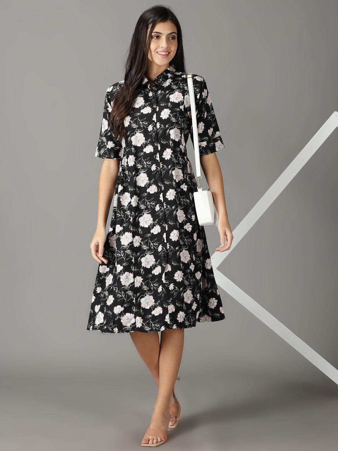 Women's Black Shirt Collar Floral Printed Fit & Flare Crepe Dress