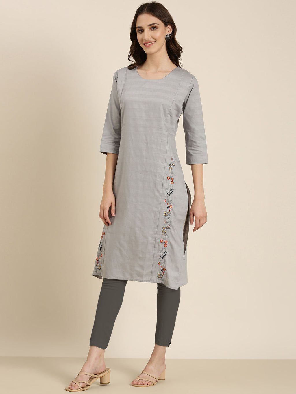 Women's Grey Woven Design Thread Work Straight Kurta