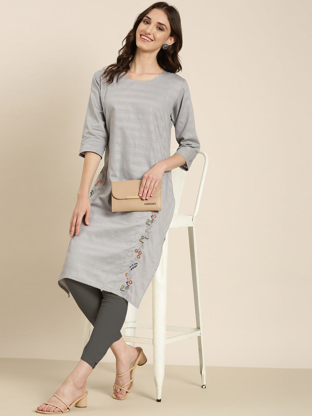 Women's Grey Woven Design Thread Work Straight Kurta
