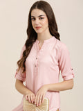 Women's Pink Mandarin Collar Cotton Straight Kurta