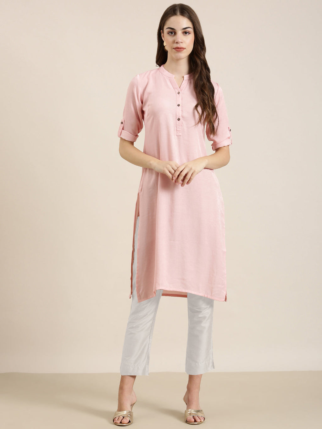 Women's Pink Mandarin Collar Cotton Straight Kurta