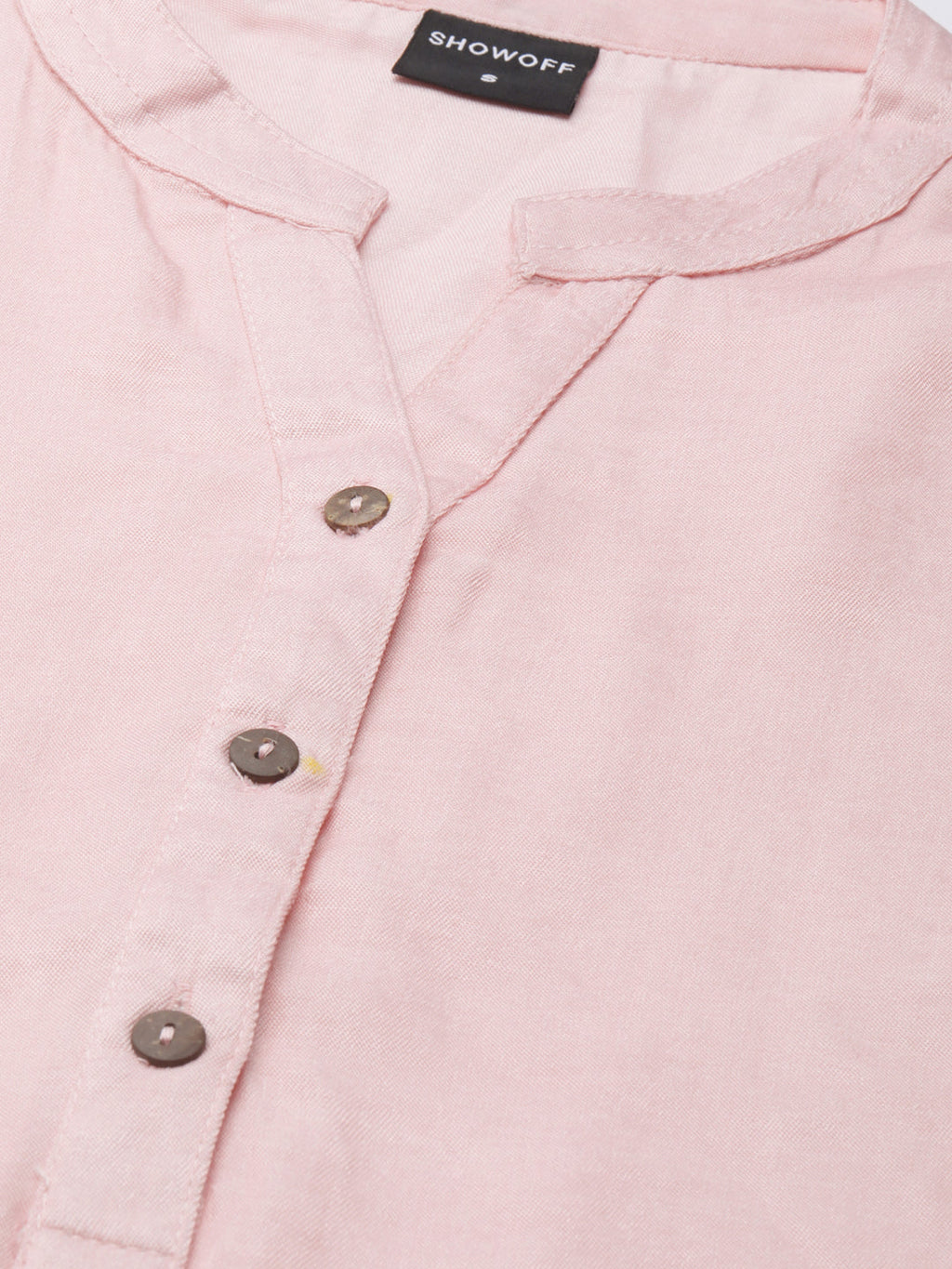 Women's Pink Mandarin Collar Cotton Straight Kurta