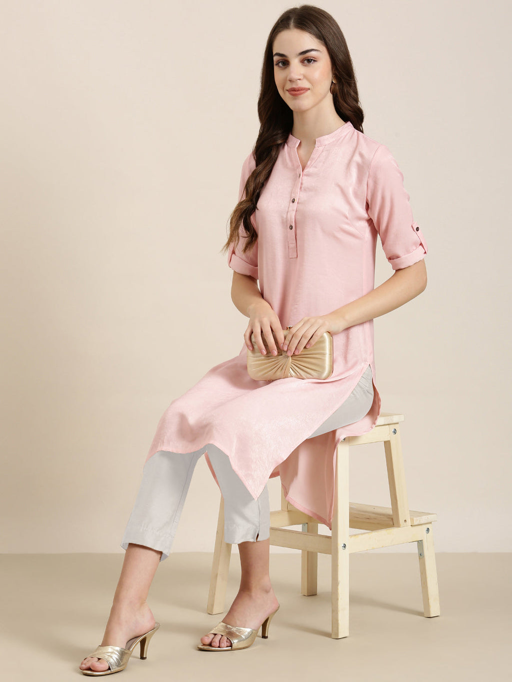 Women's Pink Mandarin Collar Cotton Straight Kurta