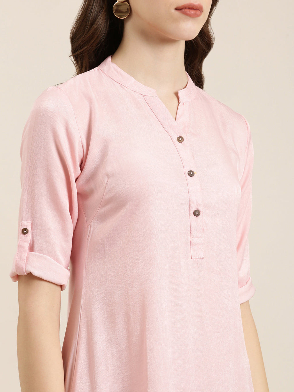 Women's Pink Mandarin Collar Cotton Straight Kurta